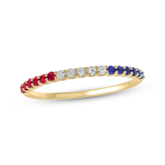 Patriotic Lab-Created Ruby, Blue Lab-Created Sapphire & Diamond Stackable Ring 1/20 ct tw 24K Yellow Gold Vermeil Sterling Silver