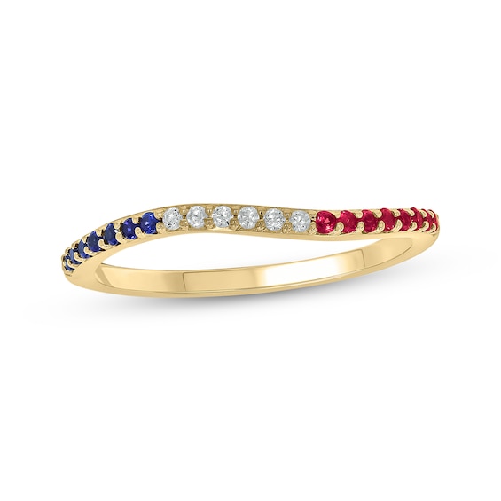 Patriotic Lab-Created Ruby, Blue Lab-Created Sapphire & Diamond Stackable Wave Ring 1/20 ct tw 24K Yellow Gold Vermeil Sterling Silver