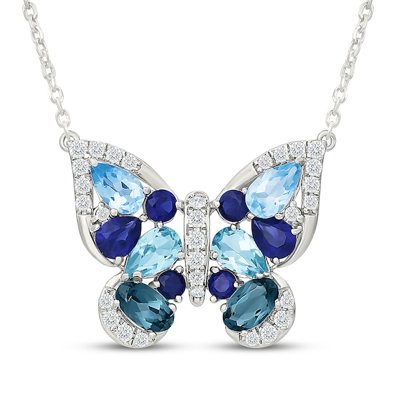Mixed-Cut Blue Topaz, Blue & White Lab-Created Sapphire Butterfly Necklace Sterling Silver 18"