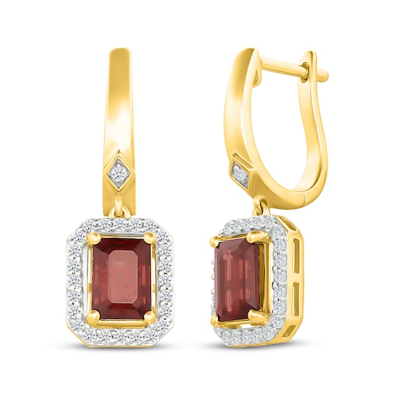 Emerald-Cut Natural Garnet & White Lab-Created Sapphire Halo Hoop Drop Earrings 24K Yellow Gold Vermeil Sterling Silver