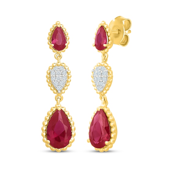 Pear-Shaped Lab-Created Ruby & White Lab-Created Sapphire Beaded Drop Earrings 24K Yellow Gold Vermeil Sterling Silver