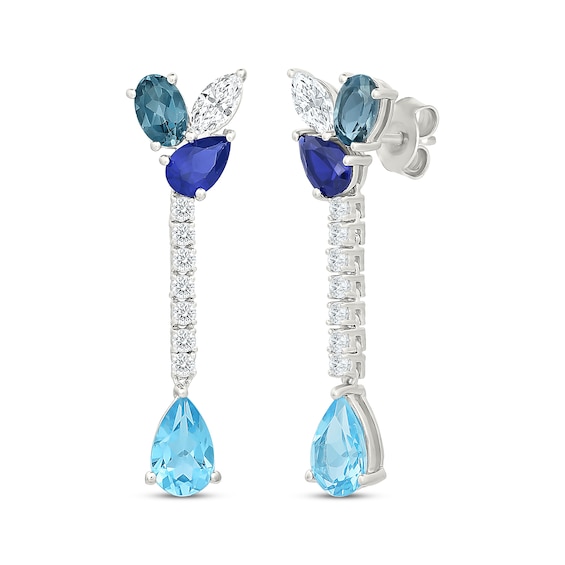 Multi-Shape Natural London Blue Topaz, Swiss Blue Topaz, Blue & White Lab-Created Sapphire Drop Earrings Sterling Silver