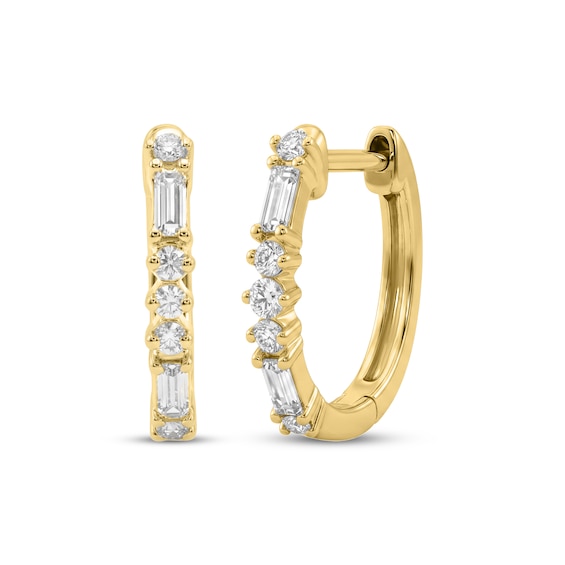 Baguette & Round-Cut Diamond Hoop Earrings 1/5 ct tw 10K Yellow Gold