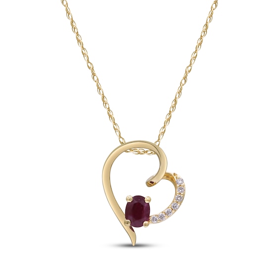 Oval-Cut Certified Natural Ruby & Diamond Accent Heart Necklace 10K Yellow Gold 18"