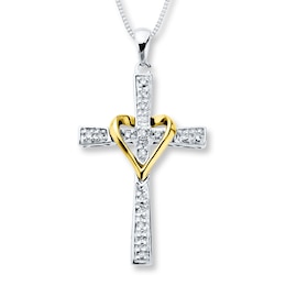 Cross Necklace 1/10 ct tw Diamonds Sterling Silver & 10K Yellow Gold