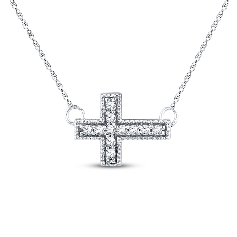 Sideways Cross Necklace 1/15 ct tw Diamonds 10K White Gold 18"
