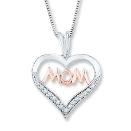 Mom Heart Necklace 1/10 ct tw Diamonds Sterling Silver & 10K Rose Gold 18"