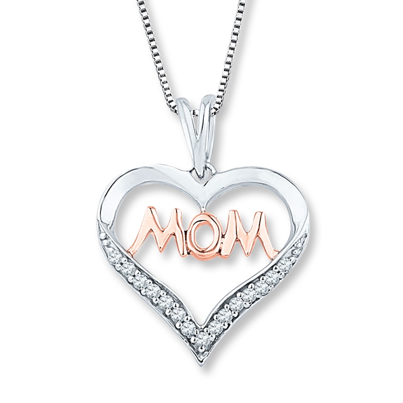 Mom Heart Necklace 1/10 ct tw Diamonds Sterling Silver & 10K Rose Gold 18"