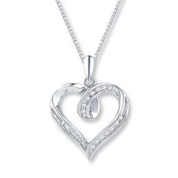 Baguette & Round-Cut Diamond Heart Necklace 1/8 ct tw Sterling Silver 18"