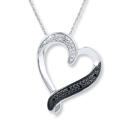 Diamond Heart Necklace Black & White Sterling Silver 18&quot;