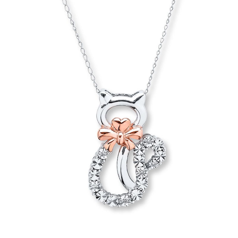 Cat with Bow Necklace Diamond Accents Sterling Silver