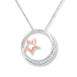 Moon & Star Necklace 1/15 ct tw Diamonds Sterling Silver & 10K Rose Gold