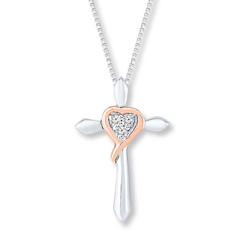 Cross Necklace Diamond Accents Sterling Silver & 10K Rose Gold 18"