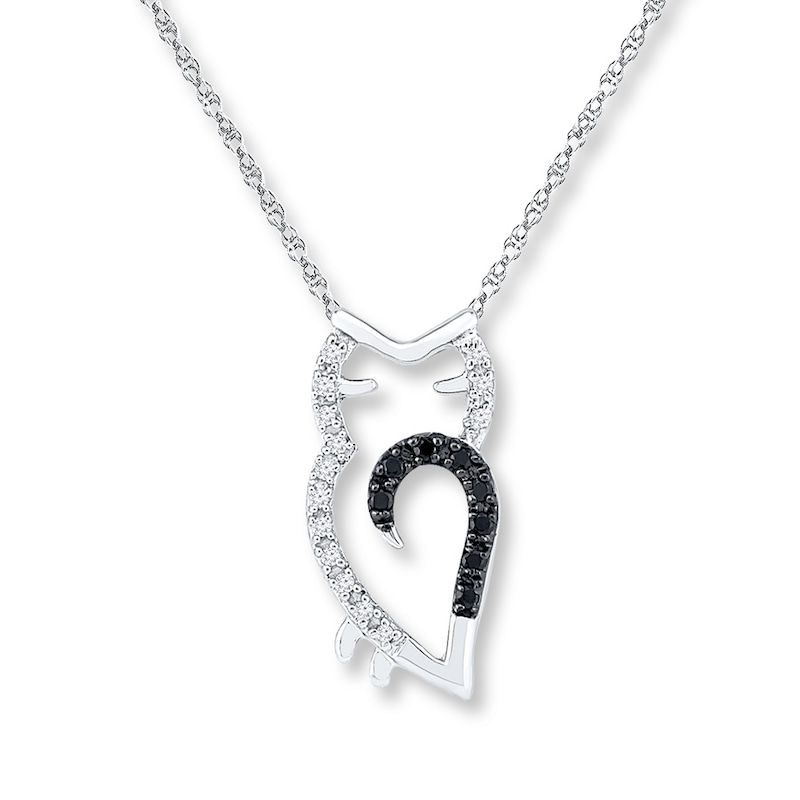 Black & White Diamond Owl Necklace 1/15 ct tw Sterling Silver 18"