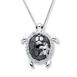 Turtle Necklace Black & White Diamonds Sterling Silver