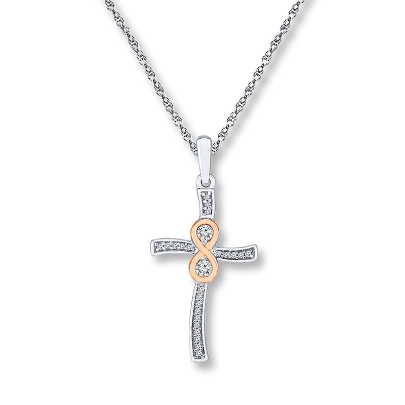 Cross Necklace 1/6 ct tw Diamonds Sterling Silver & 10K Rose Gold 18"