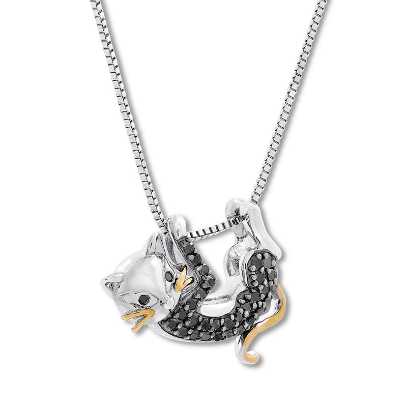 Black Diamond Cat Necklace 1/5 ct tw Sterling Silver & 10K Yellow Gold