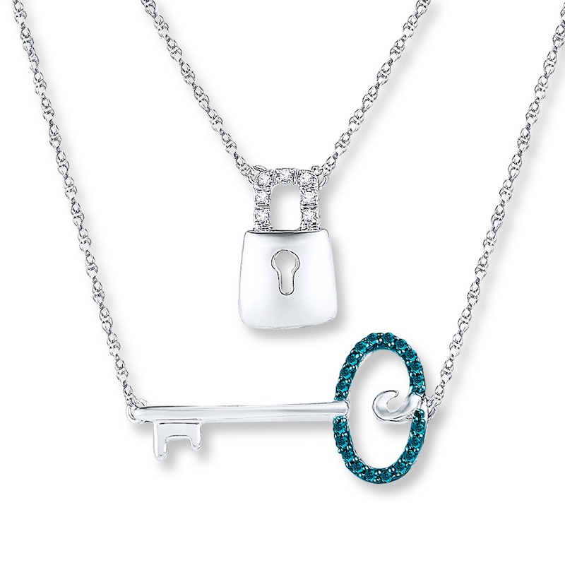 Main Image 1 of Lock & Key Necklace 1/15 ct tw Diamonds Sterling Silver 18.75"