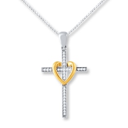 Cross Necklace 1/10 ct tw Diamonds Sterling Silver & 10K Yellow Gold