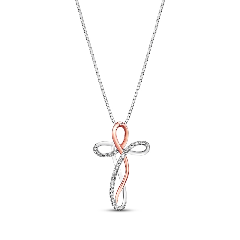 Main Image 1 of Diamond Cross Necklace 1/10 ct tw Sterling Silver & 10K Rose Gold 18"