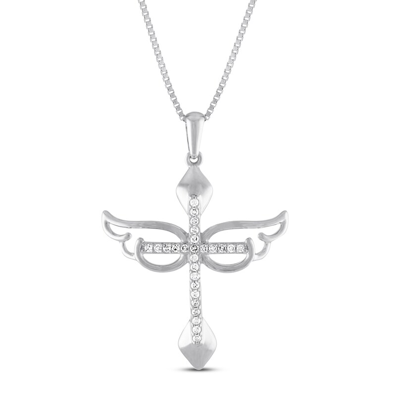 Main Image 1 of Diamond Angel Wing Cross Necklace 1/10 ct tw Sterling Silver 18"