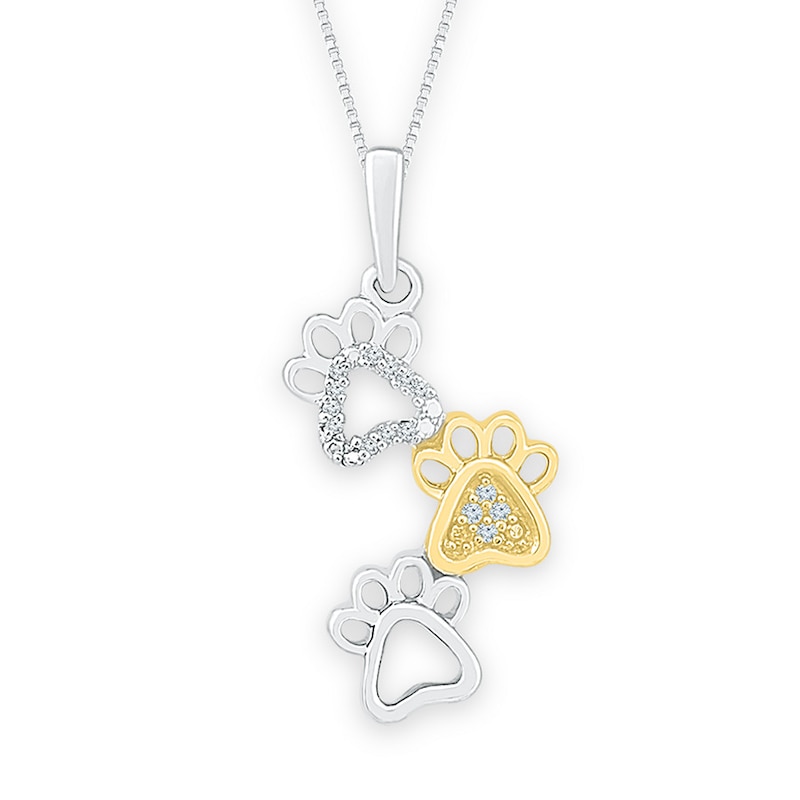 Paw Prints Necklace 1/20 cttw Diamonds Sterling Silver & 10K Yellow Gold 18"
