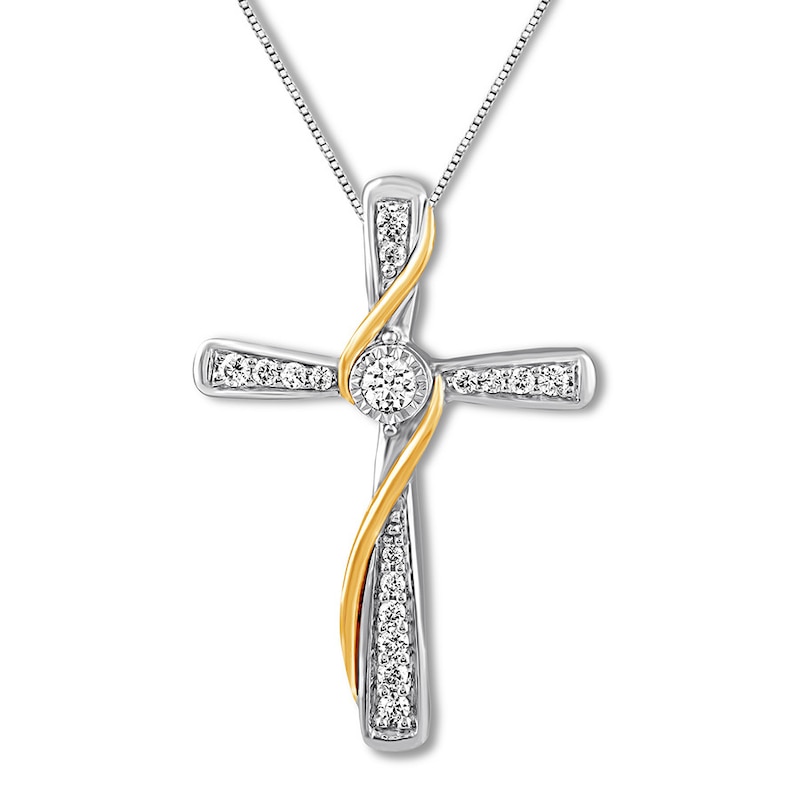 Main Image 1 of Diamond Cross Necklace 1/4 cttw Sterling Silver & 10K Yellow Gold 18"