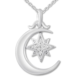 &quot;Believe&quot; Diamond Moon & Star Necklace Sterling Silver
