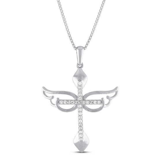 Diamond Angel Wing Cross Necklace 1/10 ct tw Sterling Silver 18"