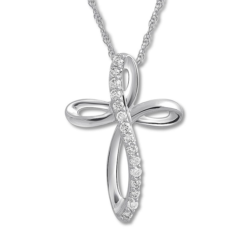 Main Image 1 of Diamond Cross Necklace 1/10 ct tw Round-cut 10K White Gold 18&quot;