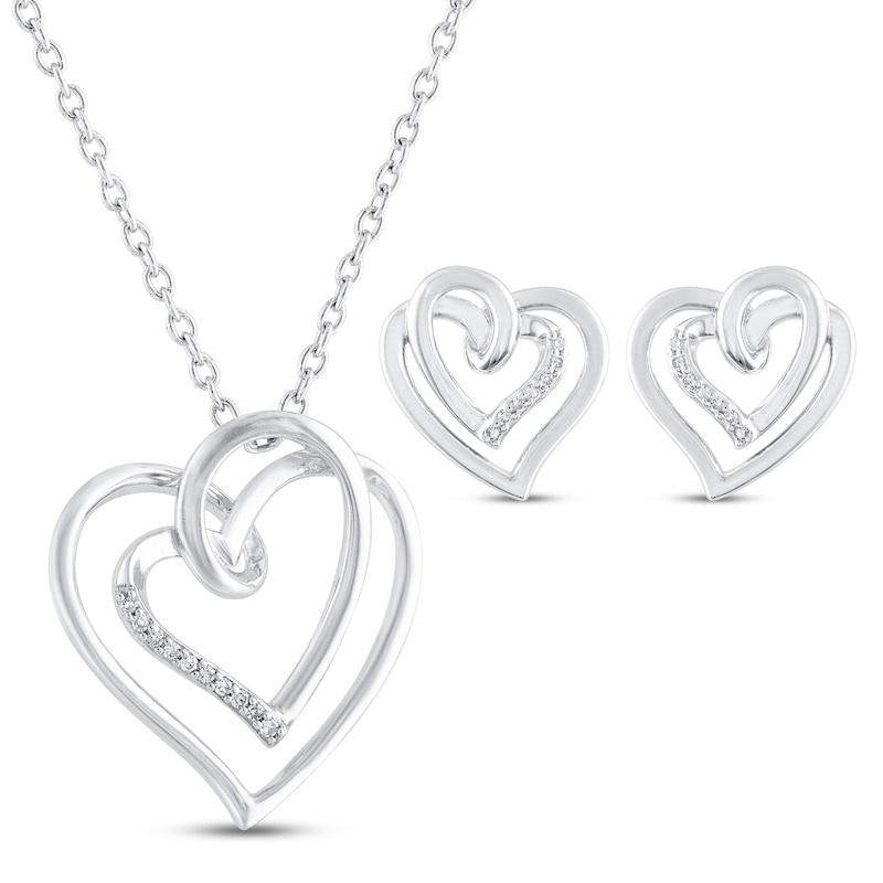Boxed Set Heart Necklace/Earrings Diamond Accents Sterling Silver