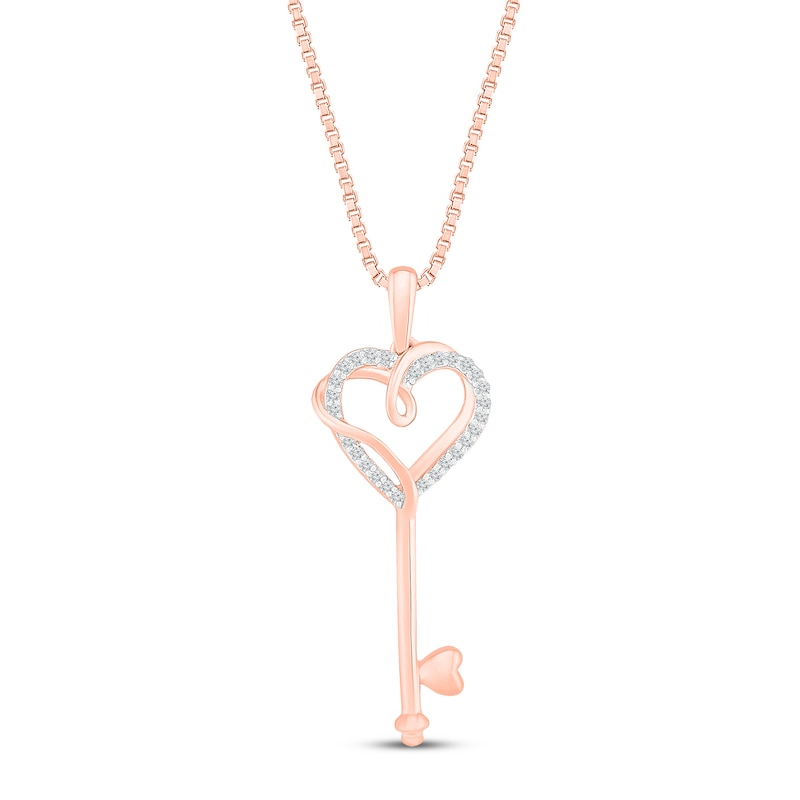 Main Image 1 of Diamond Heart Key Necklace 1/15 ct tw 10K Rose Gold 18"