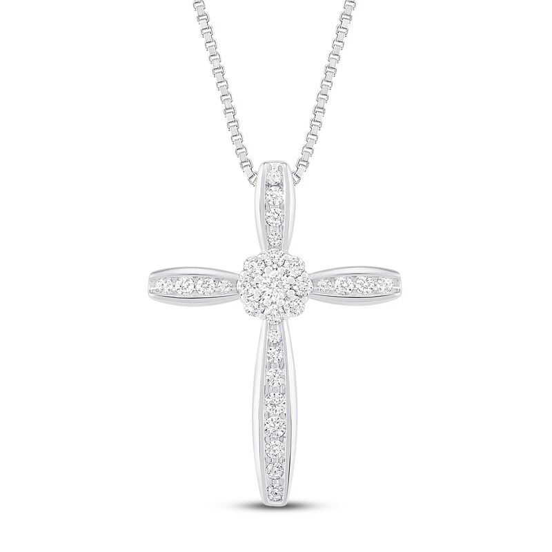 Main Image 1 of Diamond Cross Necklace 1/4 ct tw Round-cut 10K White Gold 18"