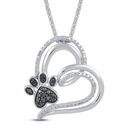 Black & White Heart Paw Necklace Sterling Silver 18&quot;