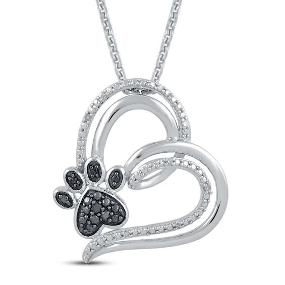 Black & White Diamond Accent Heart Paw Necklace Sterling Silver 18"