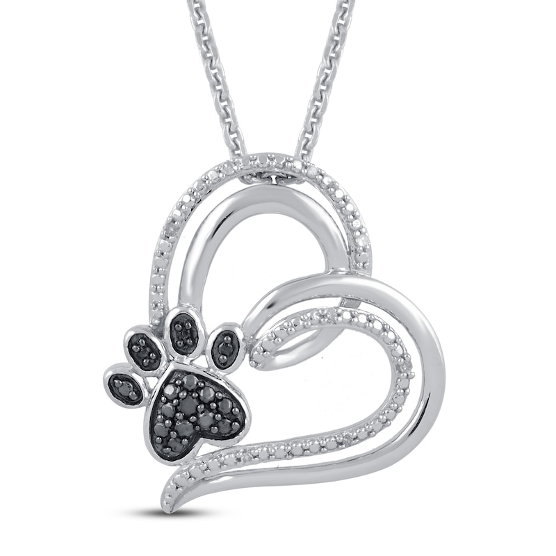 Black & White Heart Paw Necklace Sterling Silver 18"