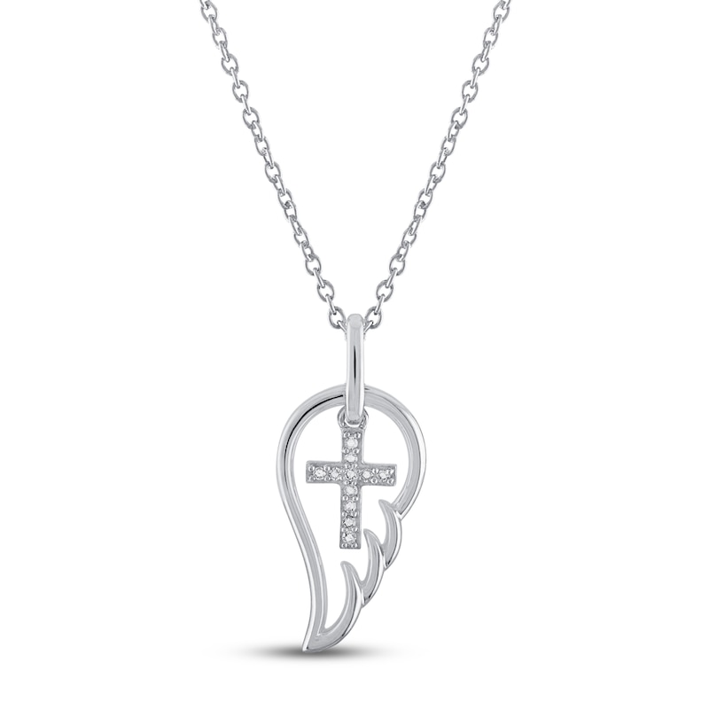 Diamond Cross & Wing Necklace Sterling Silver 18"