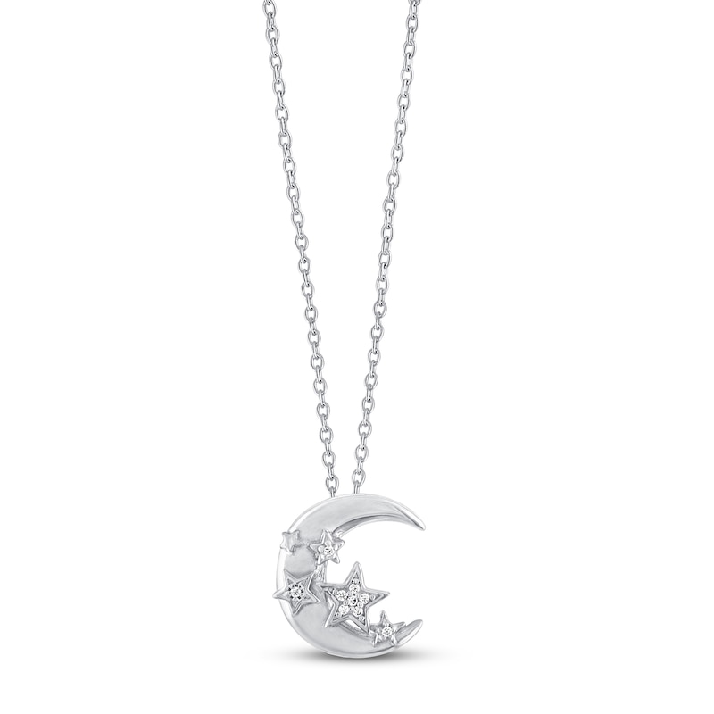Gift Boxed Moon and Star Diamond Necklace Sterling Silver 16"