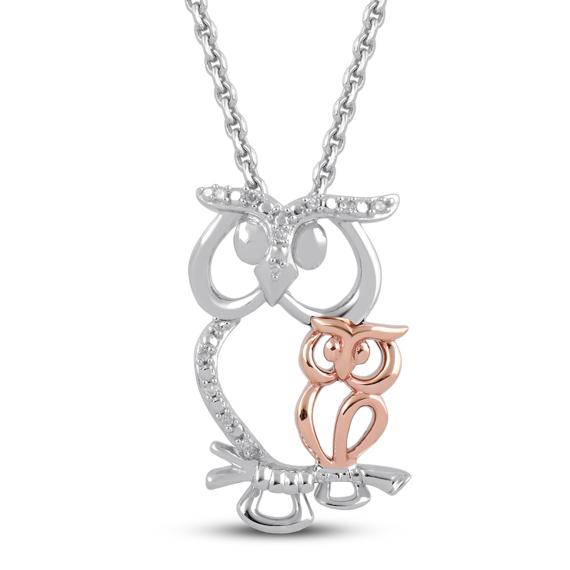 Main Image 1 of Diamond Owl Necklace Sterling Silver & 10K Rose Gold 18"