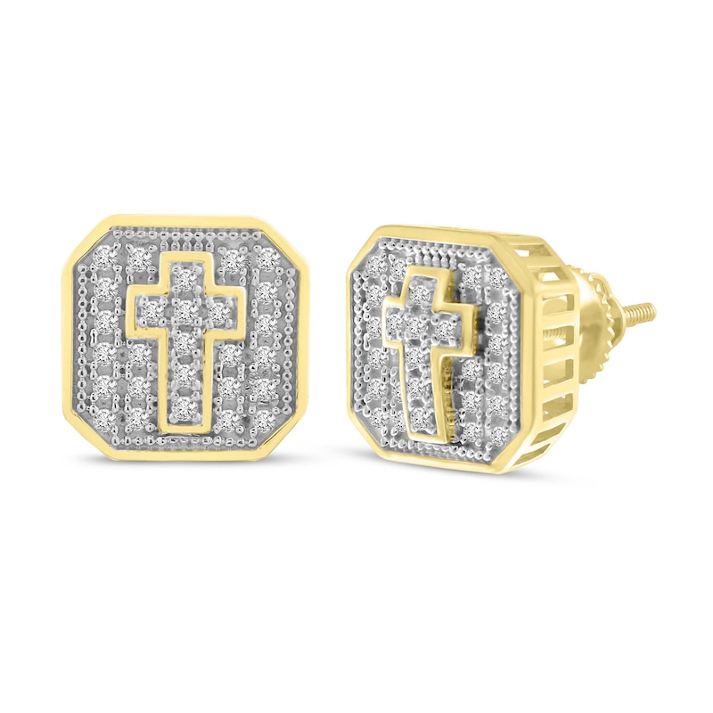 Main Image 1 of Men's Diamond Cross Stud Earrings 1/4 ct tw Round-cut 10K Yellow Gold