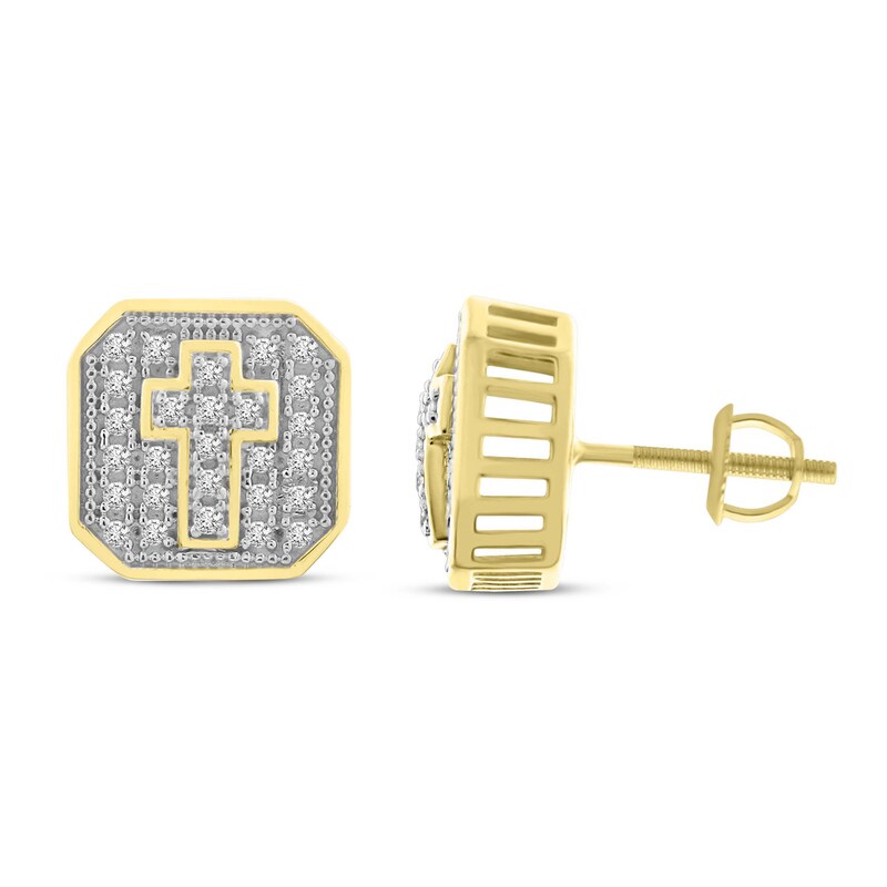 Main Image 2 of Men's Diamond Cross Stud Earrings 1/4 ct tw Round-cut 10K Yellow Gold
