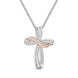 Diamond Cross Necklace 1/4 ct tw Round-cut Sterling Silver & 10K Rose Gold 18"
