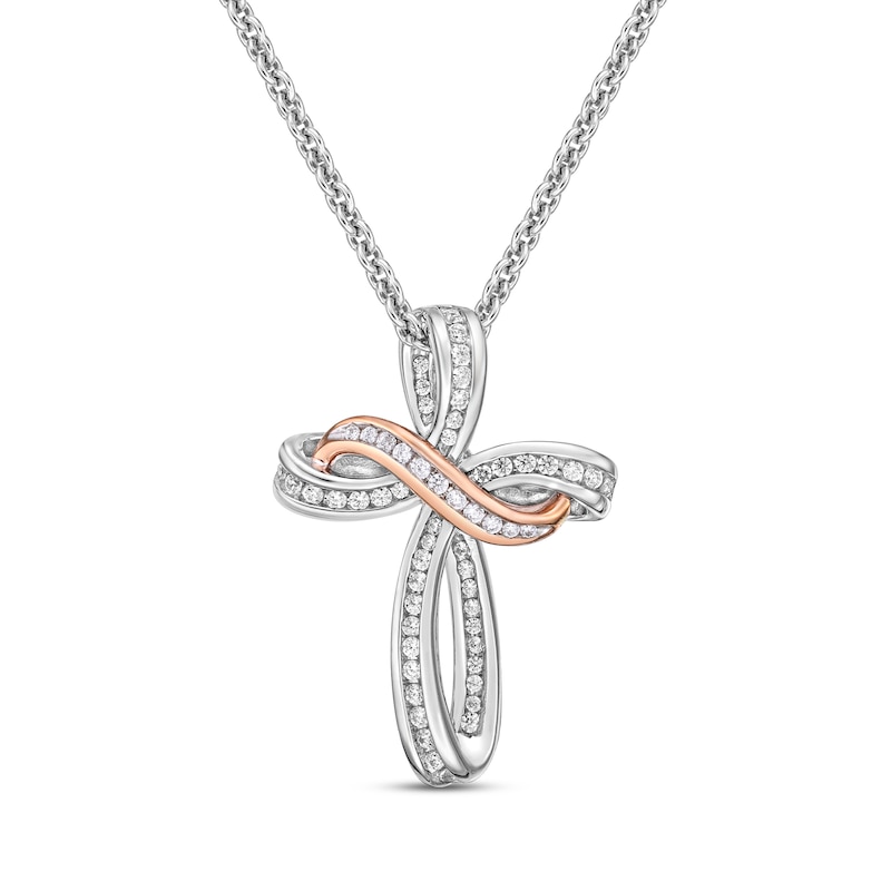 Main Image 1 of Diamond Cross Necklace 1/4 ct tw Round-cut Sterling Silver & 10K Rose Gold 18"