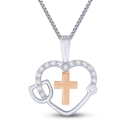 Diamond Heart/Cross Necklace 1/10 ct tw Sterling Silver & 10K Rose Gold 18&quot;