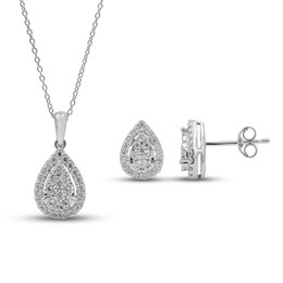 Diamond Necklace & Earrings Gift Set 1 ct tw Round-Cut 10K White Gold 18&quot;