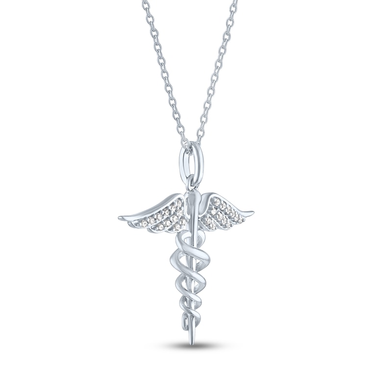Diamond Caduceus Necklace Sterling Silver 18