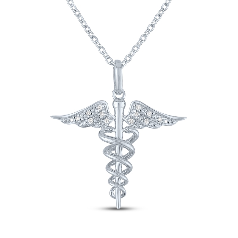 Diamond Caduceus Necklace Sterling Silver 18