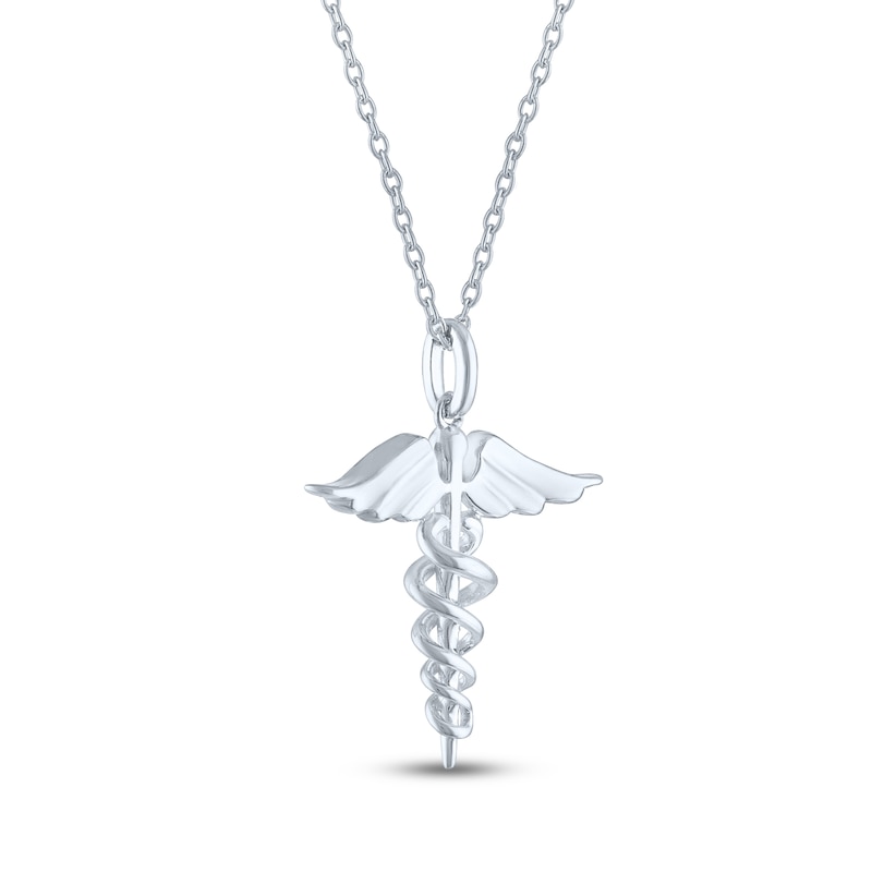 Diamond Caduceus Necklace Sterling Silver 18"