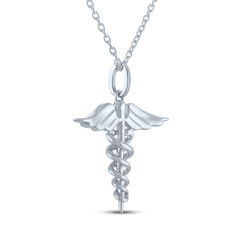 Diamond Caduceus Necklace Sterling Silver 18"