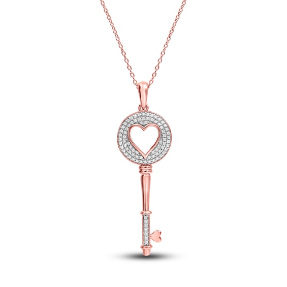 Diamond Heart & Key Necklace 1/4 ct tw Round-cut 10K Rose Gold 18"
